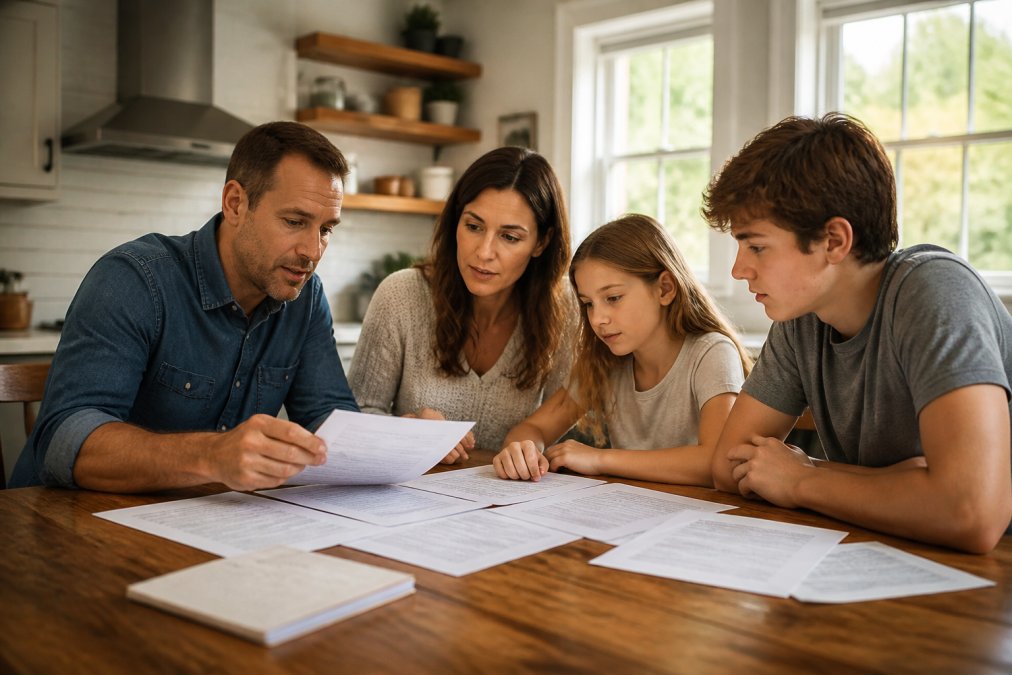 Family sitting at their kitchen table reviewing insurance documents and discussing coverage options together, natural afternoon light streaming through windows