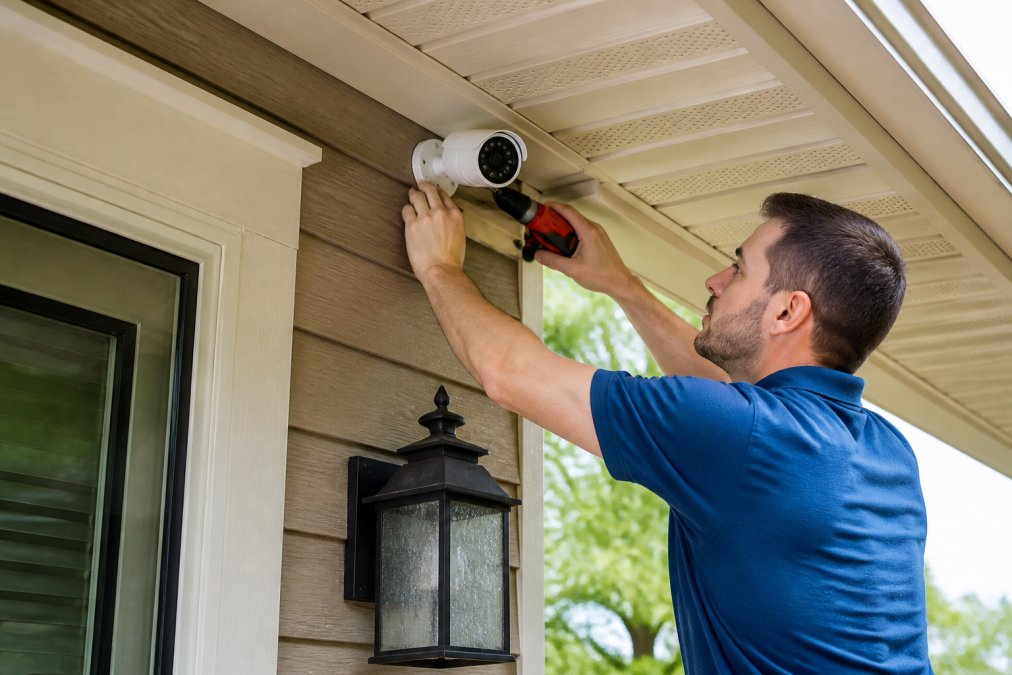 Homeowner installing security system or smoke detector on home exterior, representing protective device upgrades, professional lighting