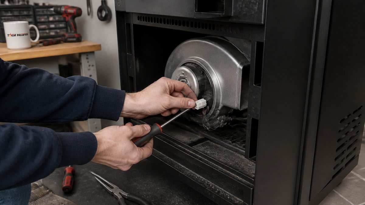 Hands using a screwdriver to disconnect a wire harness from a pellet stove blower motor during installation