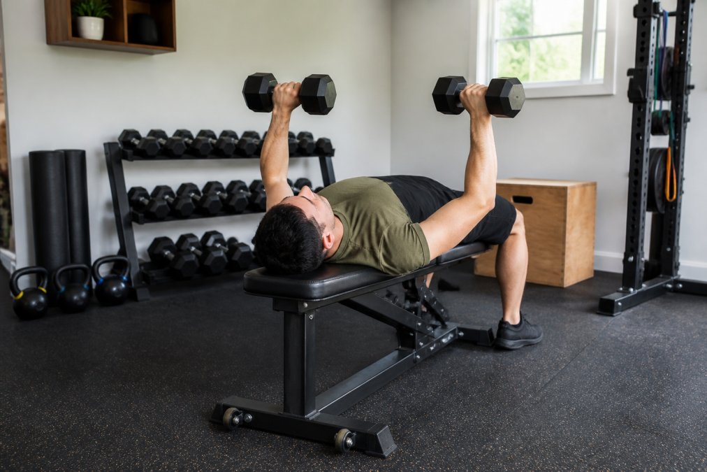 Person performing a dumbbell bench press in a bright home gym with adjustable weights, kettlebells, and a wooden jump box visible in the background