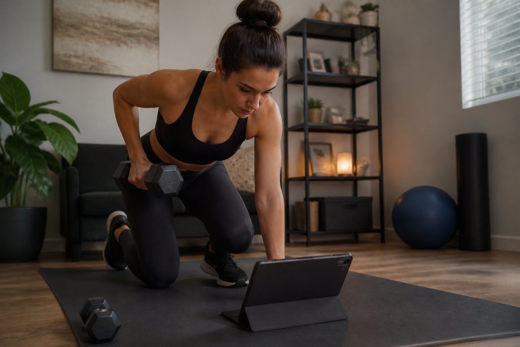Fitness enthusiast tracking workout progress on a tablet while holding dumbbells, displaying real-time performance metrics and form feedback in a home gym setting