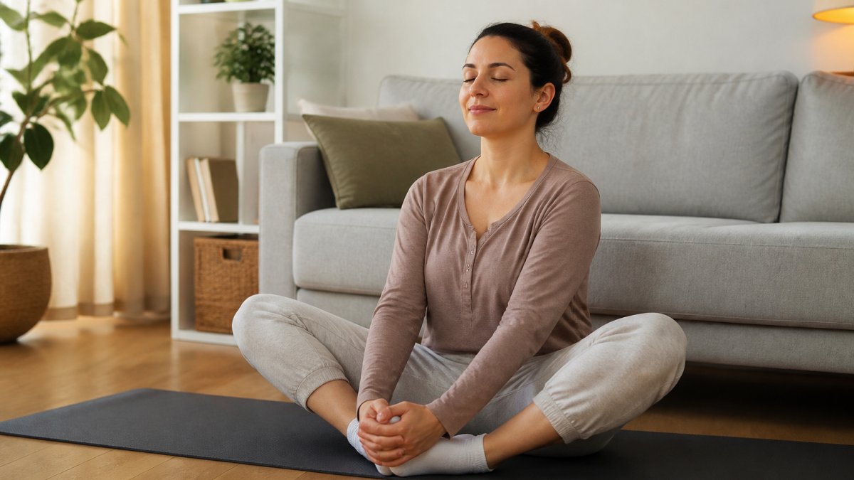 Woman practicing gentle pelvic floor exercises while relaxing on a yoga mat in a softly lit living room