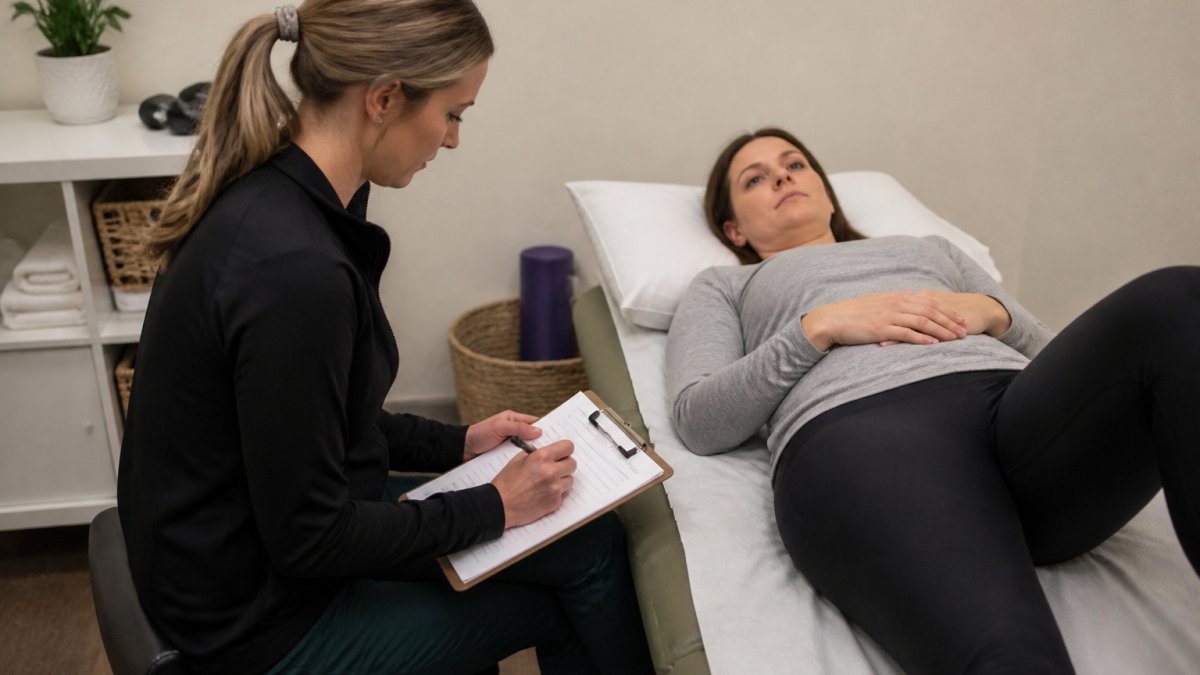 Physical therapist performing pelvic floor assessment with patient in private clinical room, taking notes on evaluation form