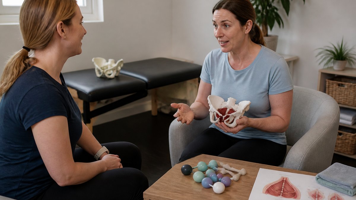 A female physical therapist in a bright clinic room explaining a treatment plan to a seated female patient, both looking comfortable and engaged, with educational materials on a table