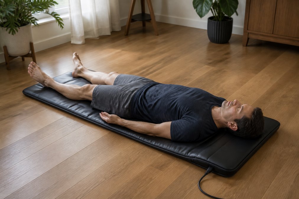 Person lying face-up on a PEMF wellness mat on a hardwood floor in a calm, naturally lit home wellness room, eyes closed and visibly relaxed