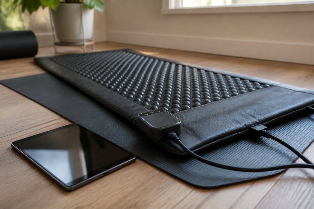 Close-up of a PEMF mat on a yoga mat in a tidy home studio, with a tablet showing session settings resting beside it