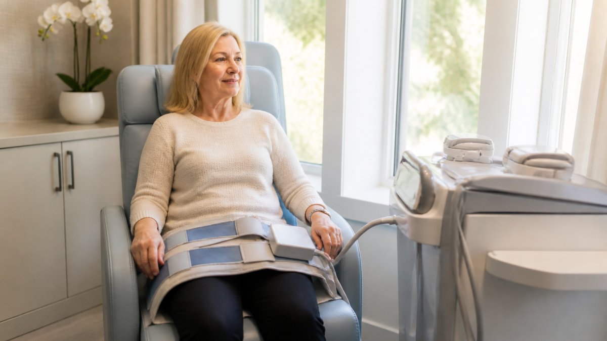 Patient sitting comfortably in a clinical medical chair during PEMF therapy session, fully clothed, with professional medical equipment visible in modern treatment room with natural lighting