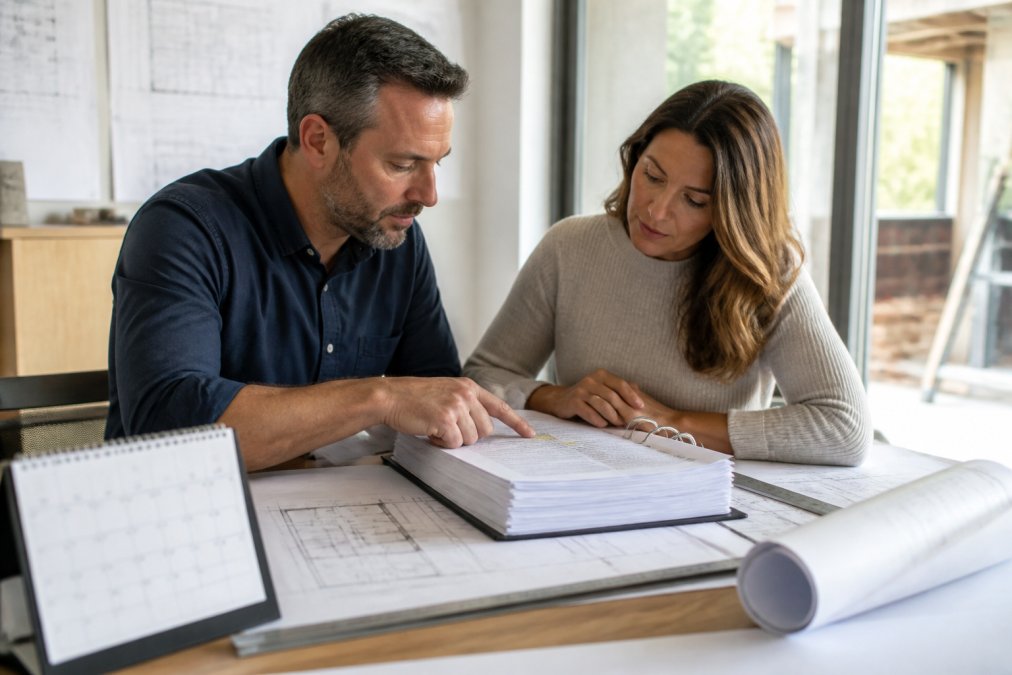 Project manager and homeowner reviewing construction contract penalty clauses using blueprints and a calendar