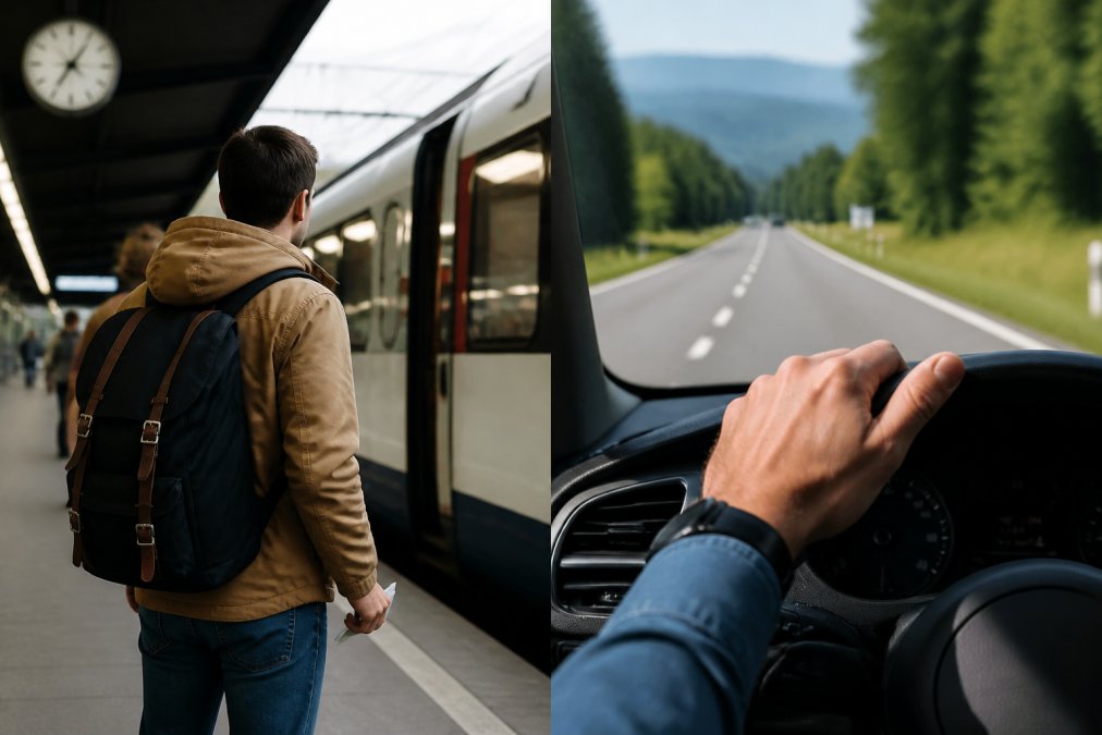 Pendler mit Fahrkarte und Rucksack am Bahnhof neben Nahaufnahme eines Autofahrers mit Lenkrad auf einer Landstrasse bei Tageslicht