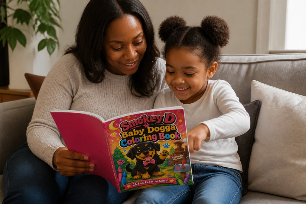 Parent and child reading a colorful children's book together at home, with the child smiling and pointing at illustrations on the page
