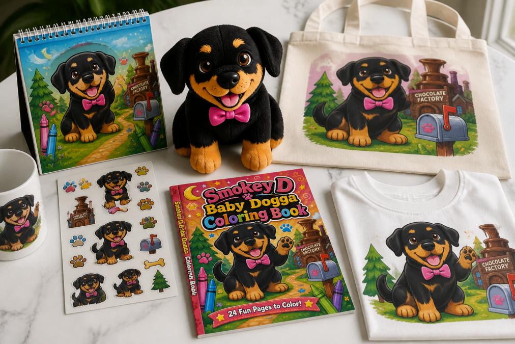 Flat lay of children's book merchandise including a plush toy, sticker sheet, calendar, and coloring book arranged on a bright surface