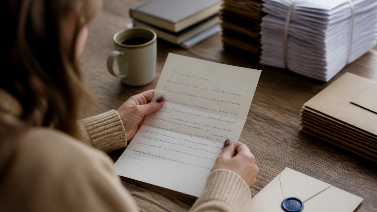 Close-up of a handwritten letter on a desk being read by a marketing professional, with a laptop and coffee cup visible in soft focus behind it