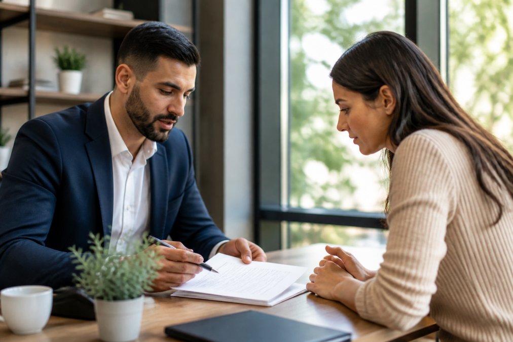 A loan officer sitting across from a client at a desk in a professional office, reviewing mortgage documents together with natural light streaming through windows, both focused on the paperwork