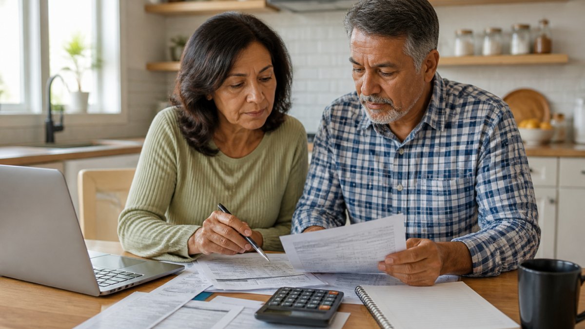 Middle-aged couple reviewing retirement documents and financial statements together at a kitchen table with a laptop, calculator, and notebook in natural afternoon lighting