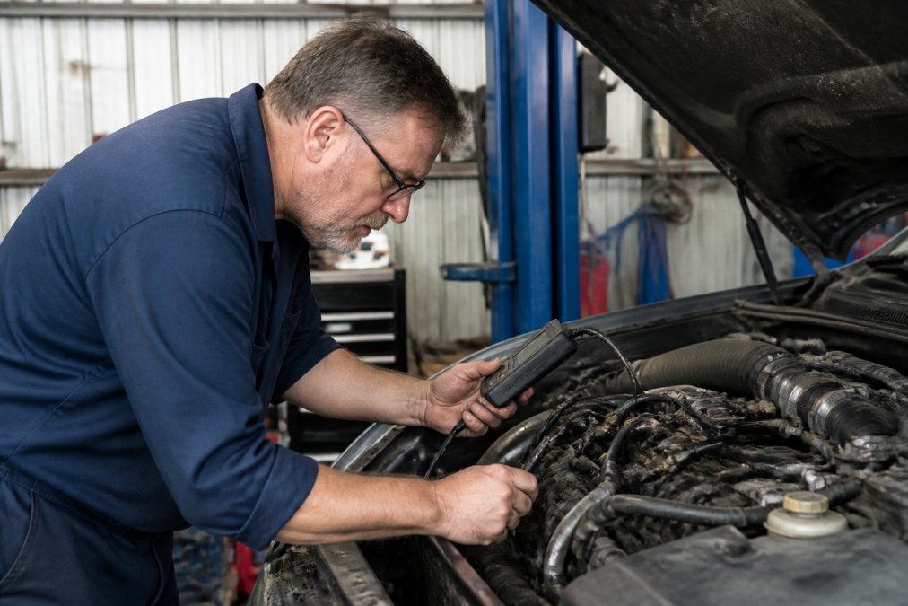 Skilled mechanic in work uniform performing vehicle diagnostic check with modern diagnostic equipment visible in clean workshop