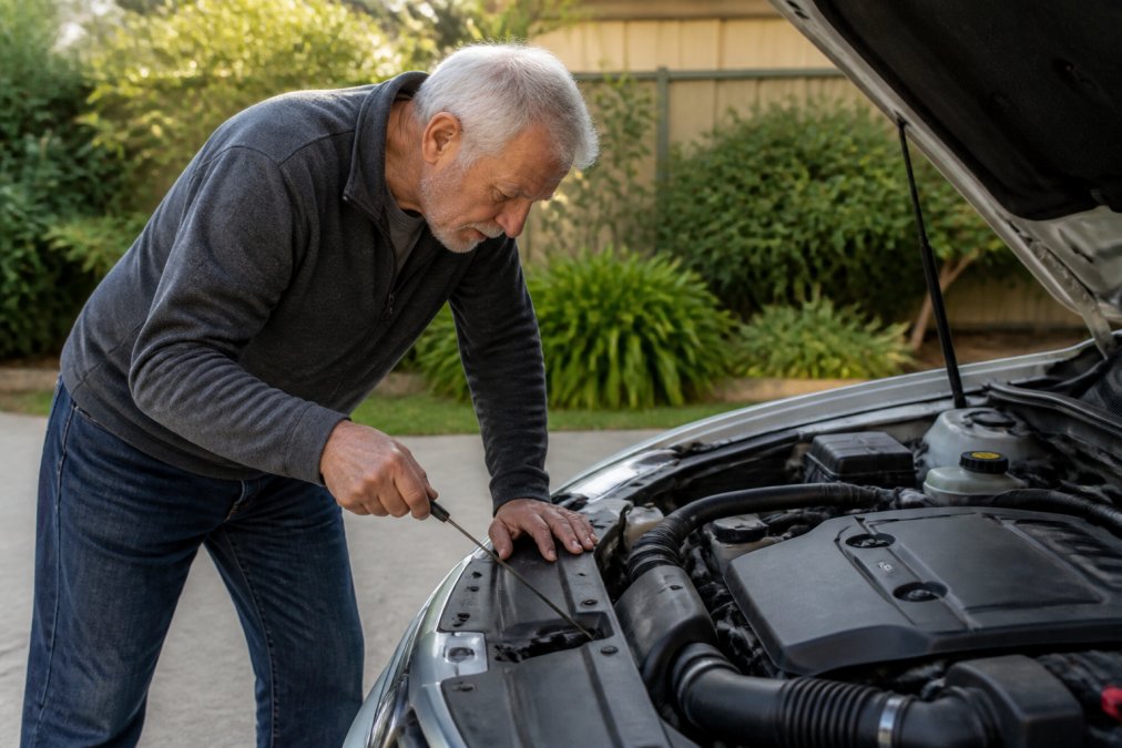 Senior driver checking vehicle tyre pressure and examining engine bay during routine maintenance check in driveway