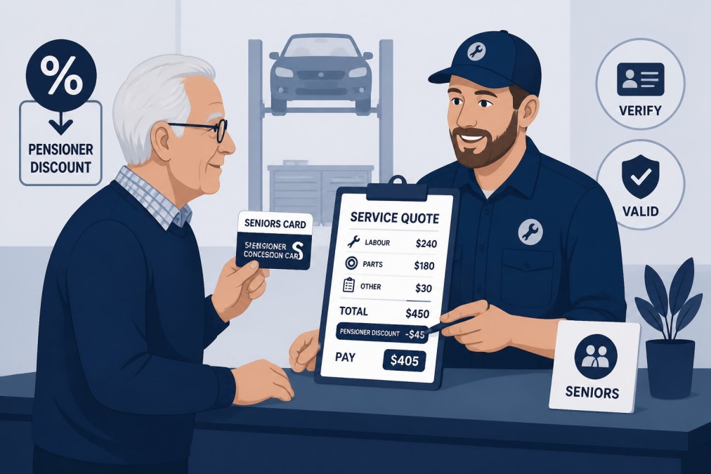 Pensioner holding a Seniors Card or Pensioner Concession Card while speaking with a mechanic at a service counter, the pensioner showing the card for verification against the service quote