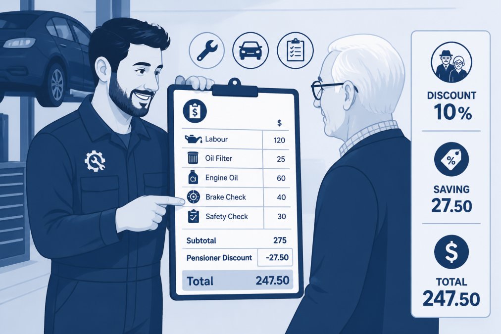 Mechanic in workshop showing a detailed service quote or invoice to an older customer, pointing to line items and explaining costs with clarity