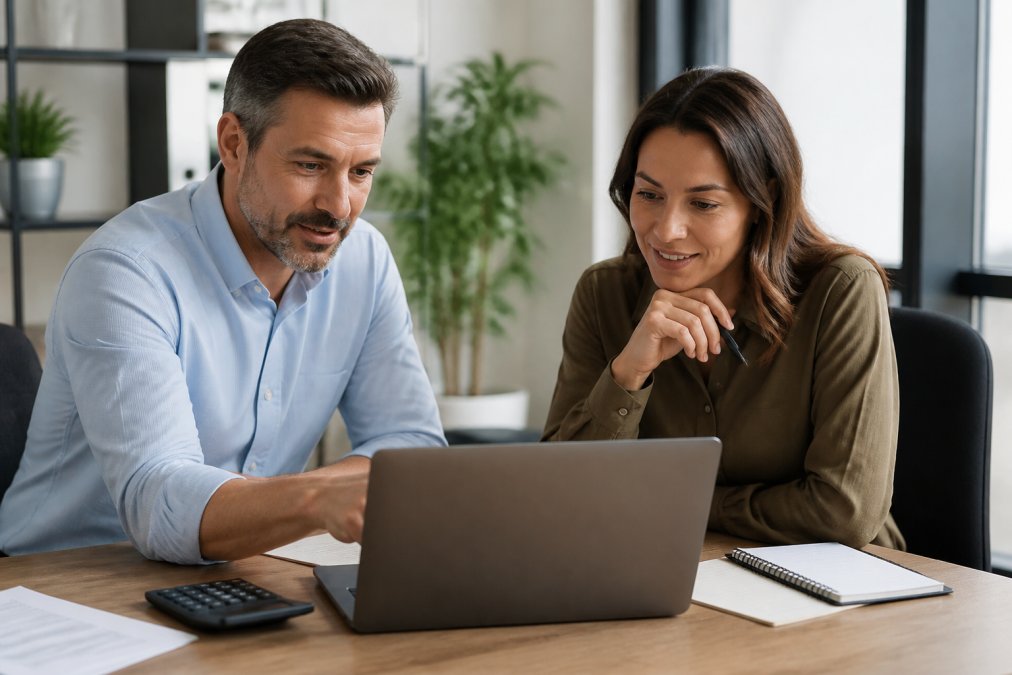 Small business owner and HR manager reviewing payroll software as one of the top PEO alternatives on a laptop