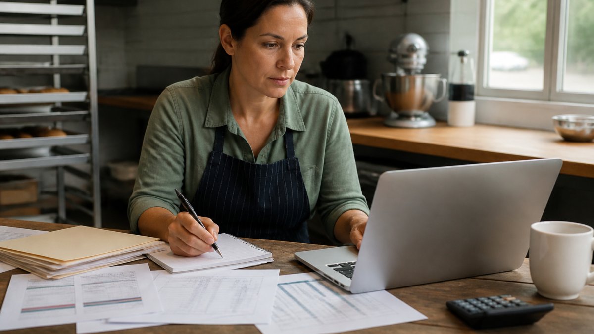 Business owner reviewing PEO provider information on a desktop computer with documents and notes spread across a desk in a modern office setting
