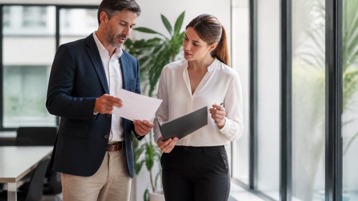 Business owner and advisor reviewing HR documents and a laptop in a bright office conference room, discussing insurance options