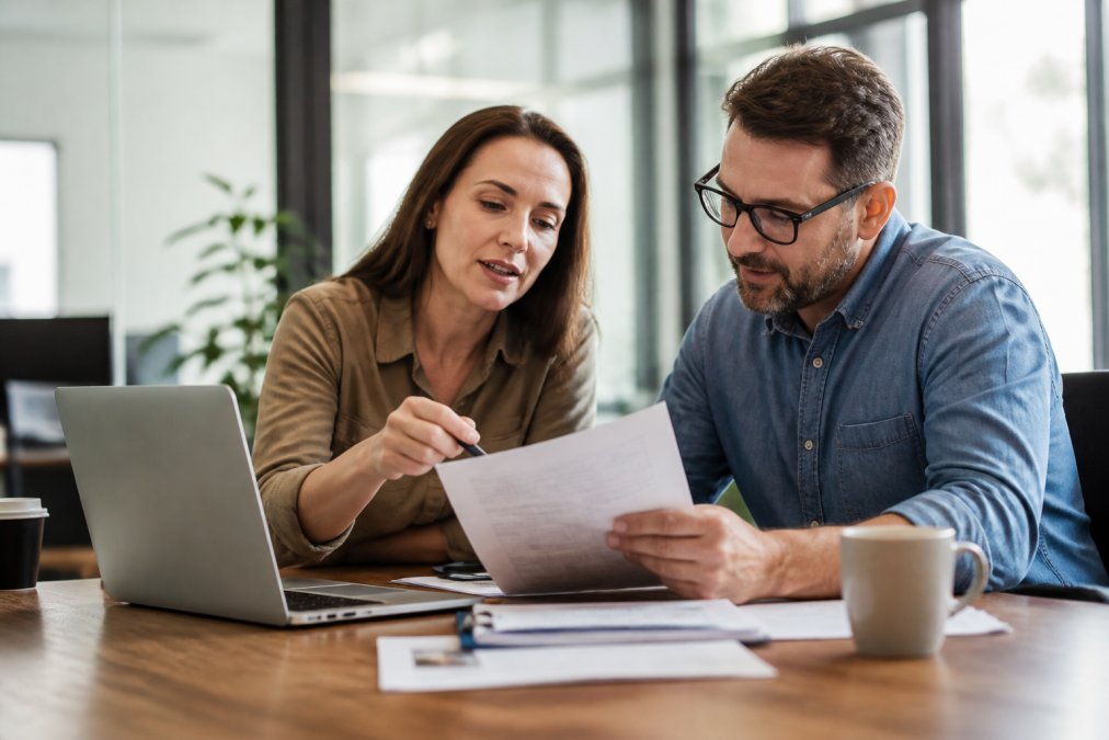 A small business owner and an HR consultant reviewing payroll documents together at a desk in a bright office, laptop open, coffee cups nearby