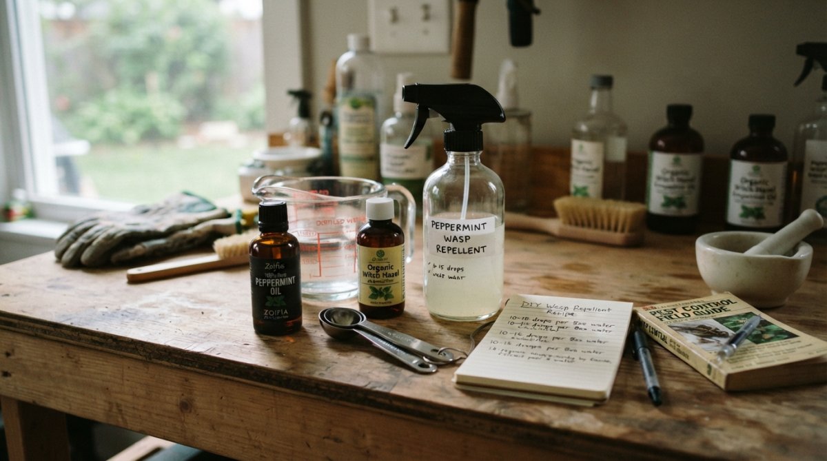 Close-up of hands mixing peppermint essential oil with dish soap and water in a clear spray bottle on a kitchen counter, with small glass bottles and measuring spoon arranged nearby