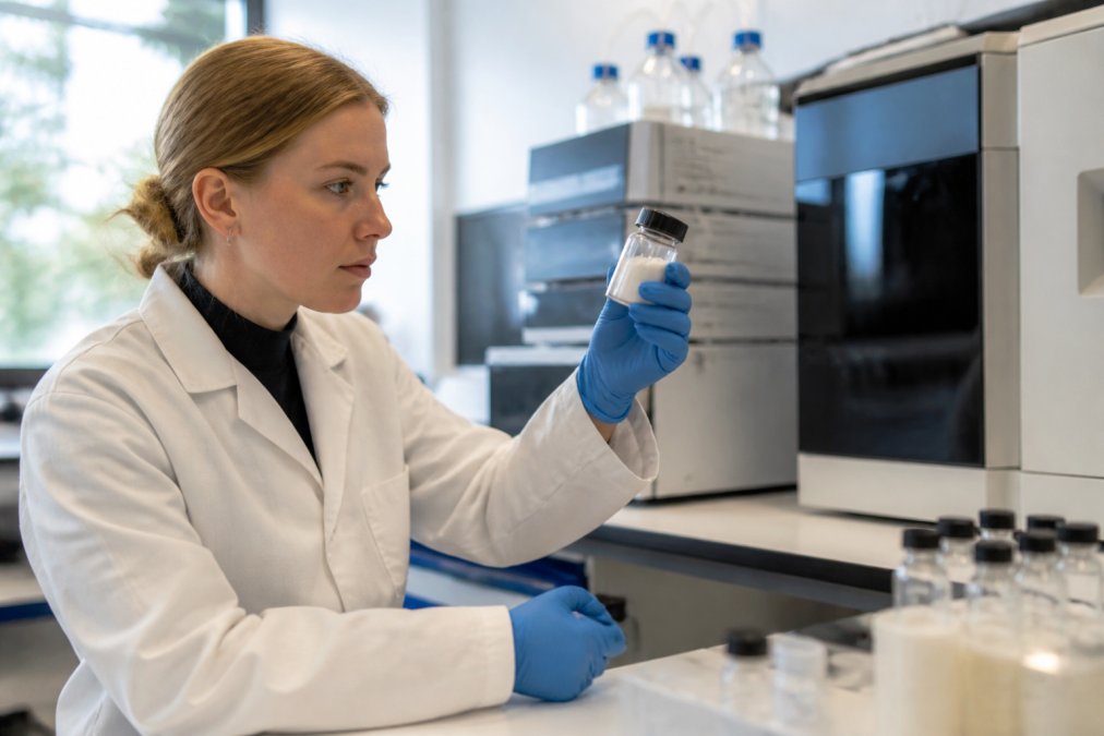 Onderzoeker die een peptide-sample inspecteert in een laboratoriumomgeving, met HPLC-certificaten en batchnummers zichtbaar op een bureau naast een computer