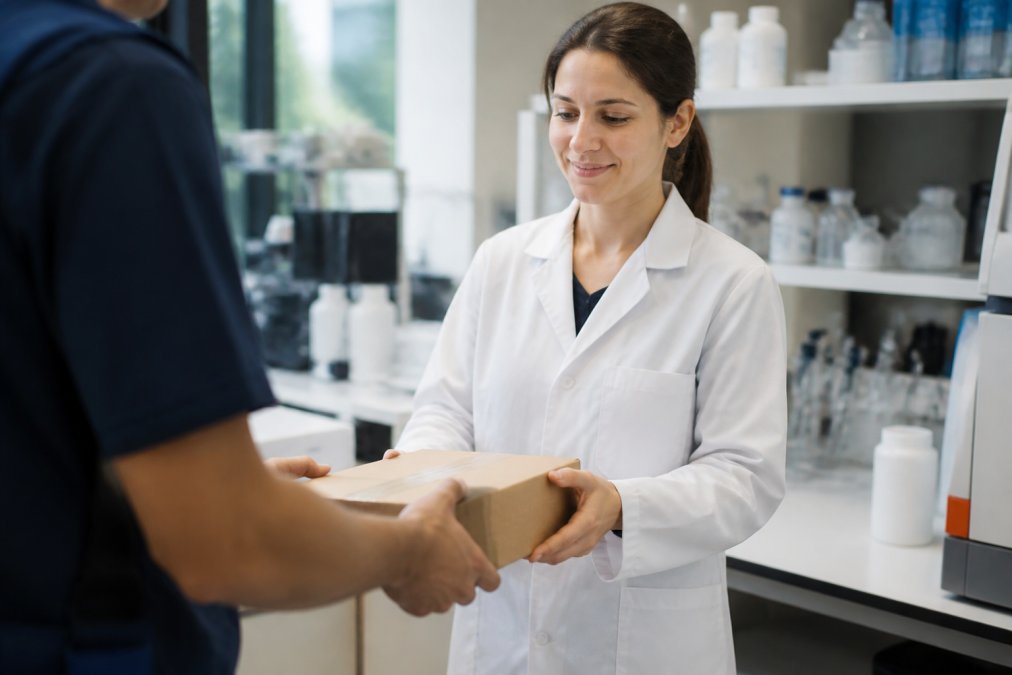 Laboratoriummedewerker die een pakket met peptiden ontvangt, met duidelijk zichtbare tracking-informatie en discrete verpakking