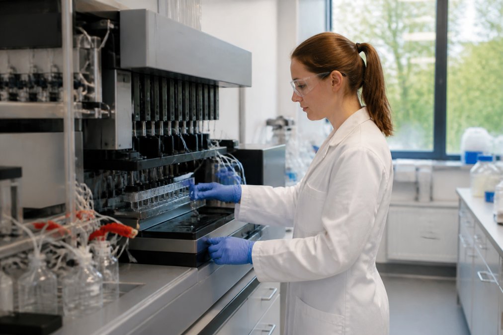 Onderzoeker bedient geautomatiseerde peptidesynthesizer in modern laboratorium voor peptide alternatieven onderzoek.