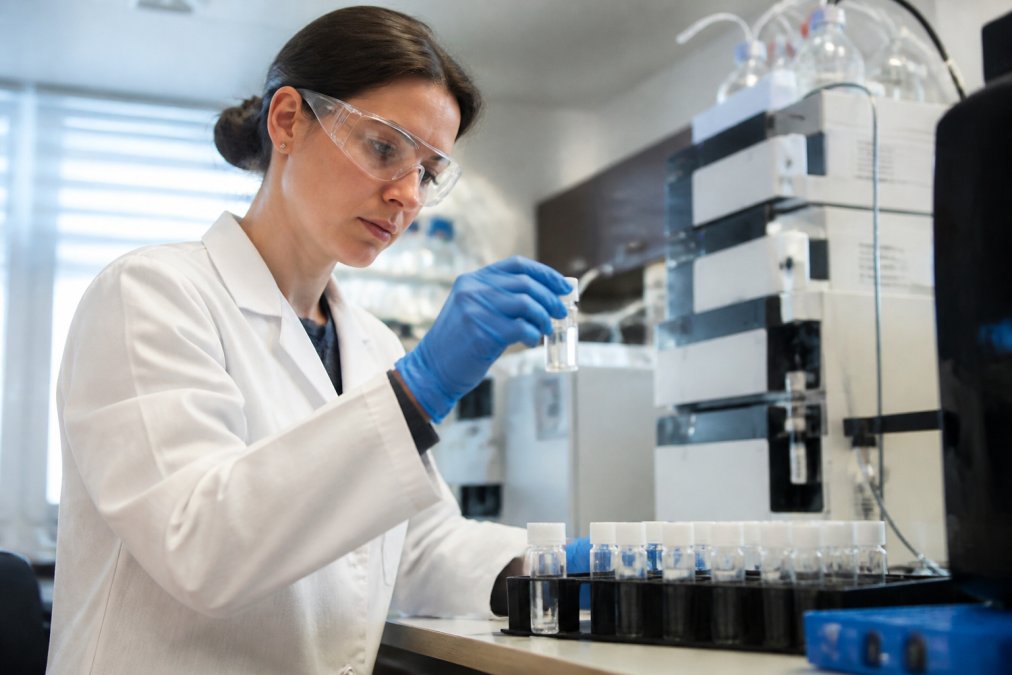 Researcher examining peptide vials in a lab to ensure peptide batch consistency during purity testing