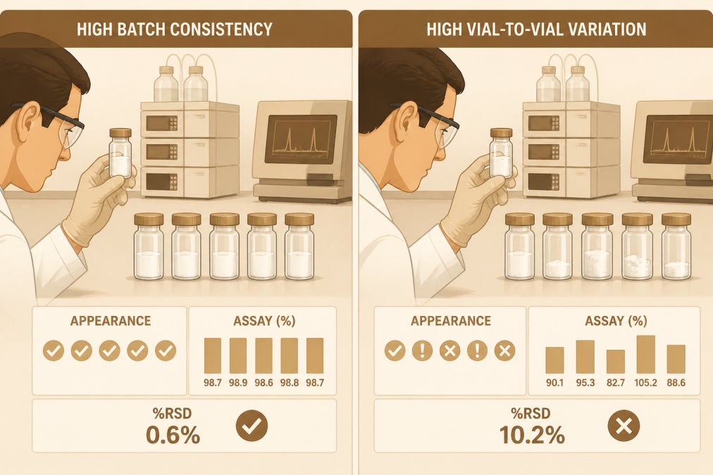 Researcher carefully examining multiple sealed peptide vials side-by-side on a laboratory bench, comparing their appearance under bright lighting, with analytical equipment visible in the background