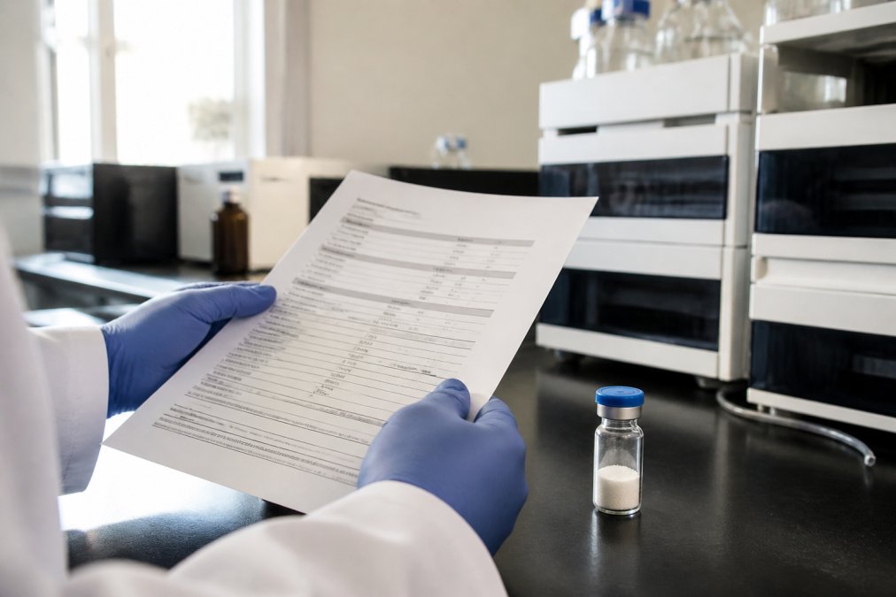 Close-up of a researcher's hands holding a printed Certificate of Analysis document next to a sealed peptide vial on a laboratory bench, with HPLC equipment and analytical instruments visible in soft natural light