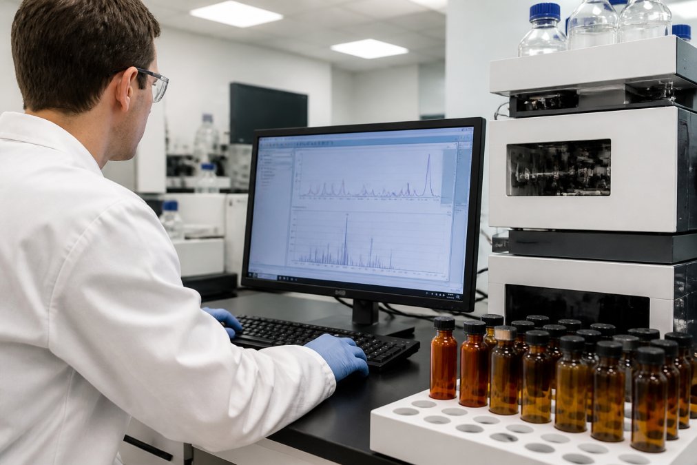 Laboratory technician examining chromatography results on a computer monitor, with peptide samples in amber vials and analytical equipment visible on the bench beside the screen under bright fluorescent lighting