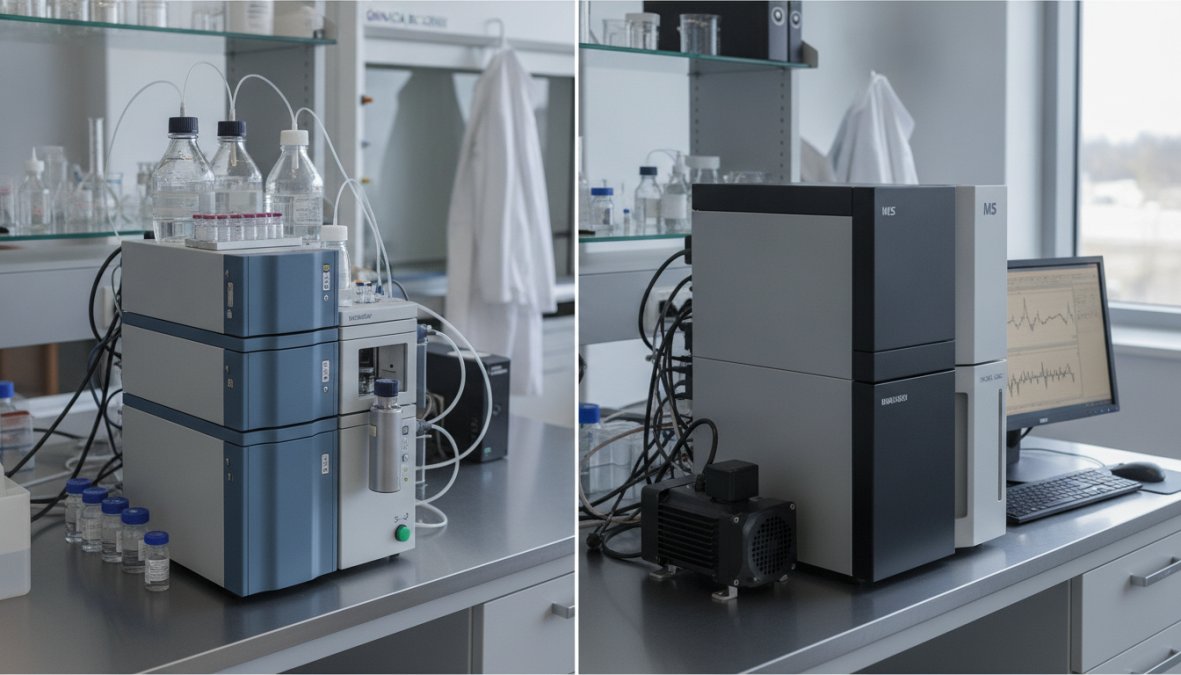 Computer screen displaying a chromatogram with a prominent central peak and smaller impurity peaks, with laboratory equipment visible in the background of a modern analytical chemistry lab