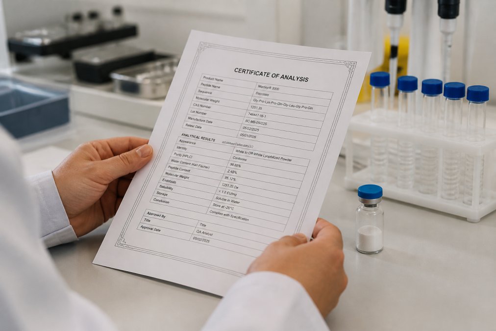 Researcher's hands holding a printed Certificate of Analysis document under laboratory lighting, examining batch number and manufacturing date details with a lyophilized peptide vial visible on the workbench