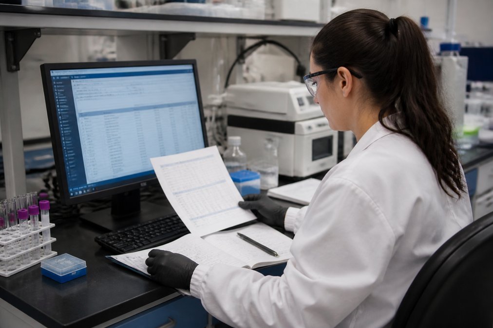 Laboratory technician at a computer workstation cross-referencing a Certificate of Analysis document with database records on the monitor, with quality control notebooks and testing equipment visible in the background