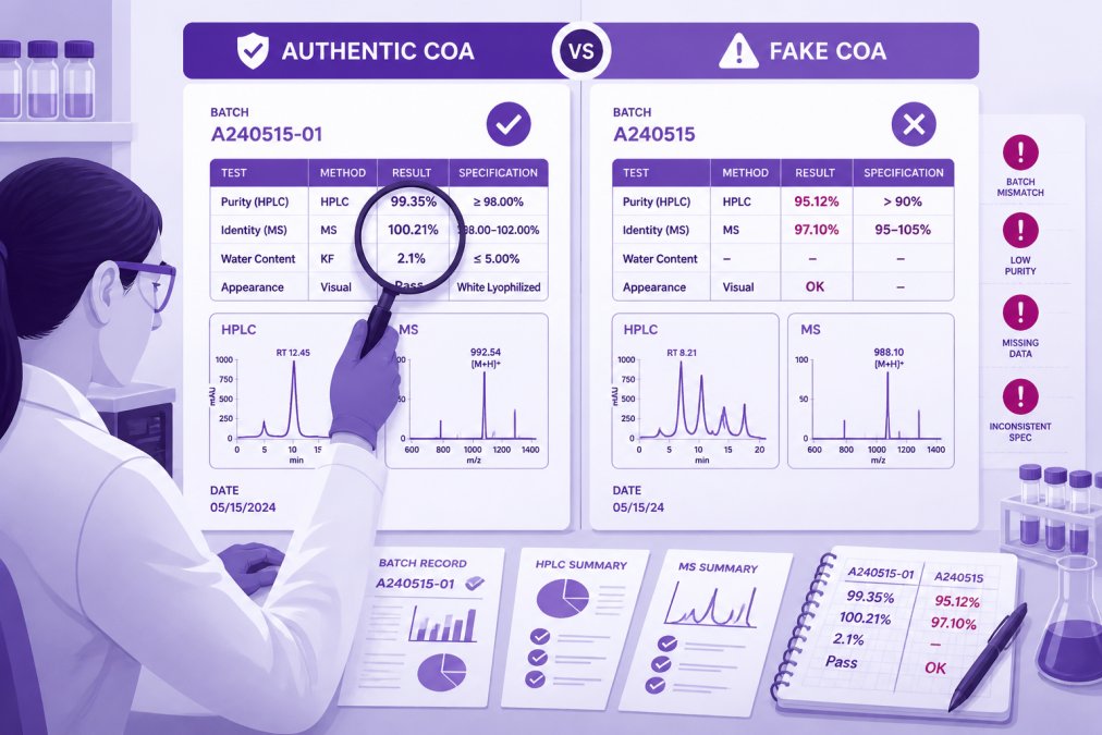 Laboratory technician reviewing multiple COA documents side-by-side under bright lighting, comparing batch numbers and analytical data with a magnifying glass on a laboratory bench