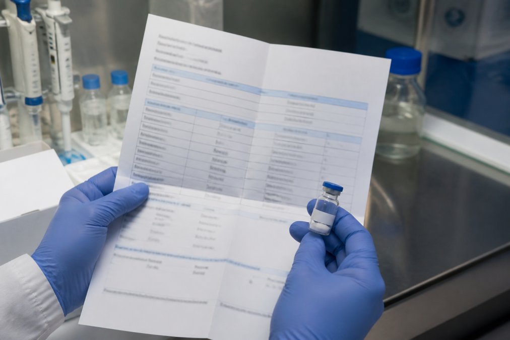 Close-up of a researcher's hands holding a printed Certificate of Analysis document next to a laboratory sample vial on a clean bench