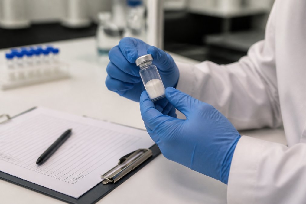 Researcher inspecting a lyophilized peptide vial for signs of peptide degradation shipping issues in a lab.