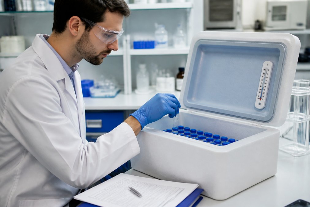 Researcher handling temperature-controlled peptide vials to prevent peptide degradation in a laboratory setting