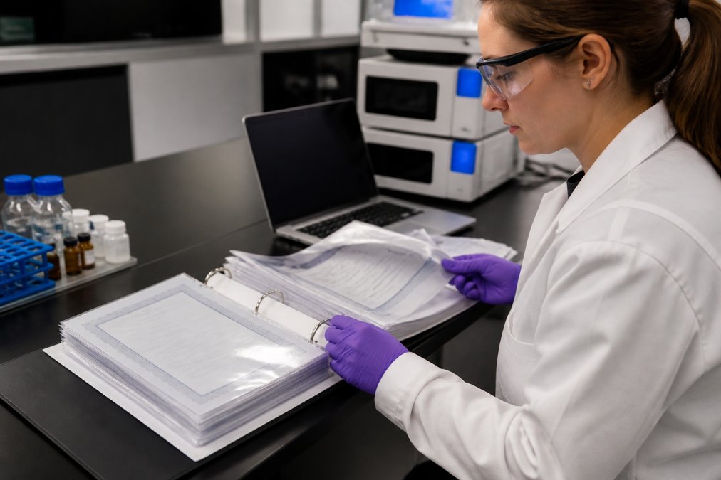 A laboratory researcher in a white coat organizing a three-ring binder of certificates of analysis and clinical trial documents on a clean lab bench, with a laptop open to an electronic data capture system in the background