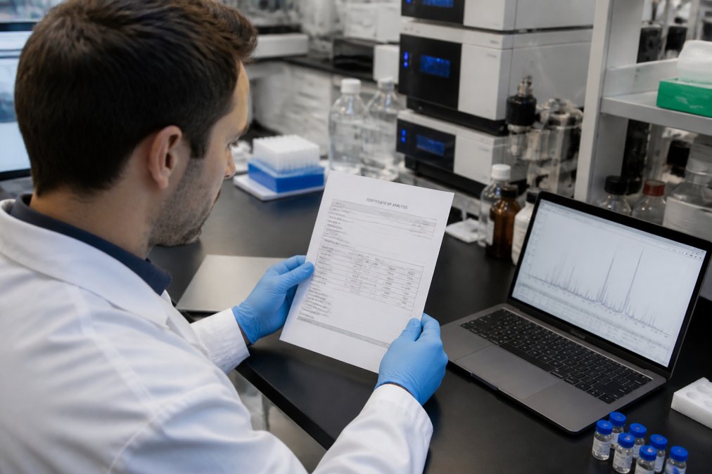 Researcher reviewing a certificate of analysis for a peptide for sale alongside laptop data in a laboratory