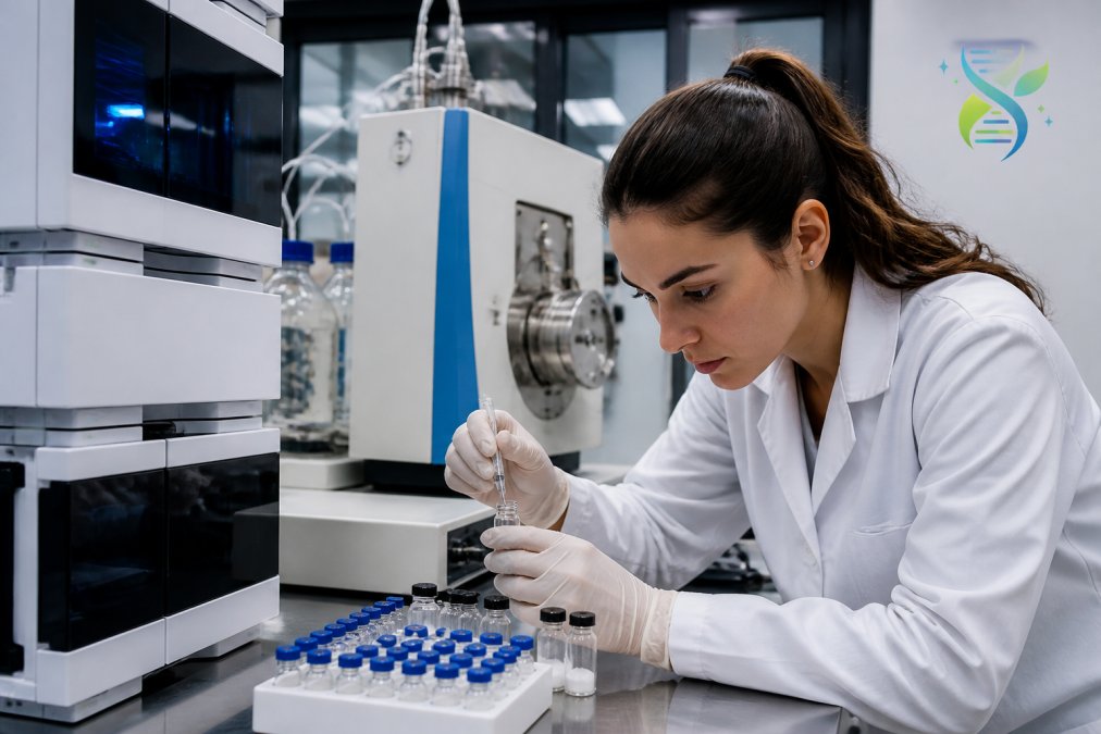Laboratory technician examining peptide samples in glass vials under bright analytical lighting, with HPLC equipment and mass spectrometry apparatus visible in a controlled research environment