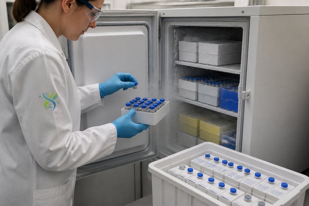 Researcher in white coat carefully transferring lyophilised peptide vials into a minus-80 degree freezer, with proper labelling and storage organisation visible