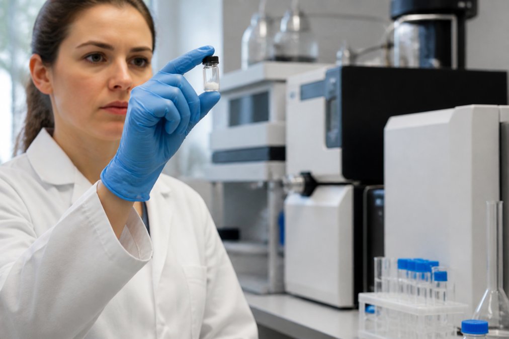A gloved researcher in a modern laboratory holding a small glass vial of lyophilized peptide powder up to the light, with analytical equipment softly blurred in the background