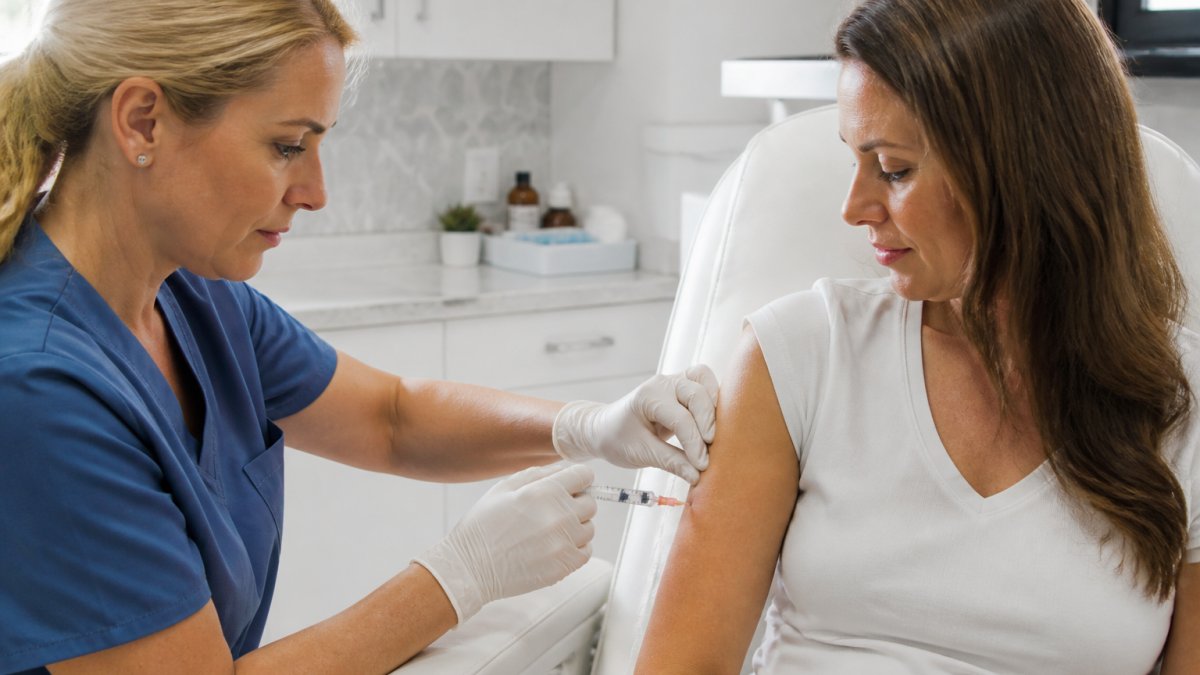 Healthcare provider administering peptide injection to patient's arm in clinical setting with proper technique and sterile environment
