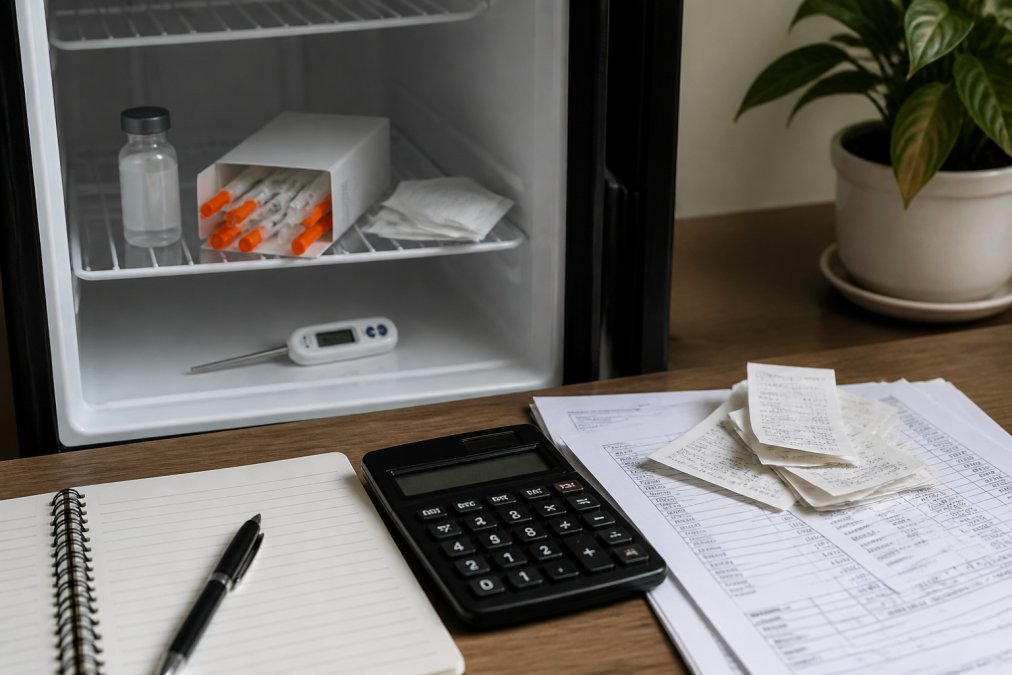 A laboratory bench showing a vial of bacteriostatic water, a box of insulin syringes, alcohol swabs, and a digital thermometer inside a small refrigerator