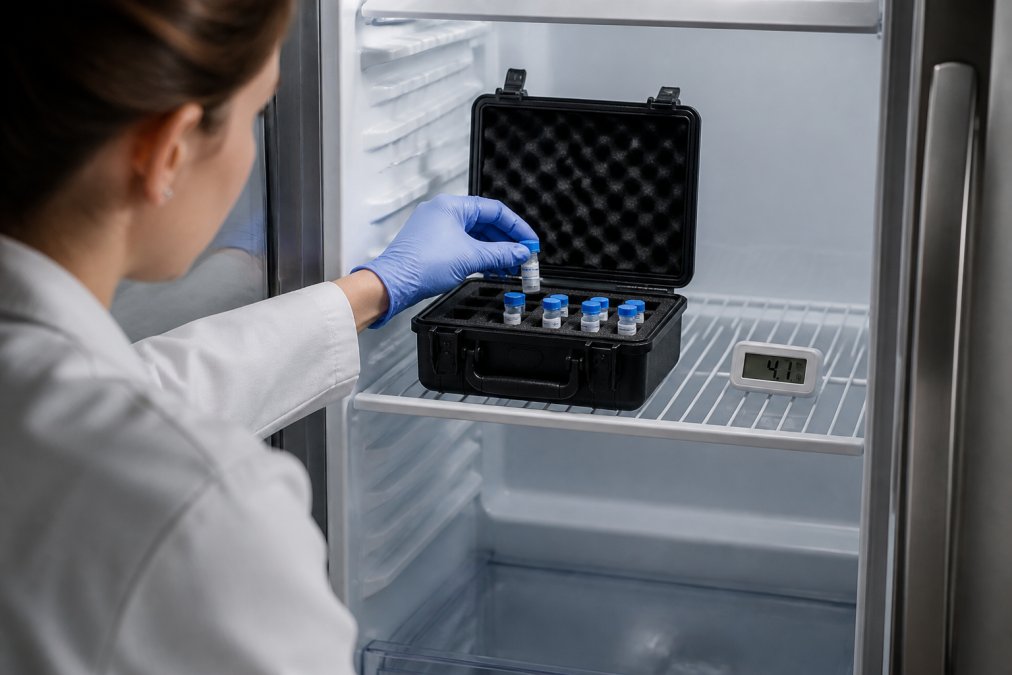 Researcher wearing nitrile gloves placing a labeled vial into a peptide kit storage case inside a refrigerator.