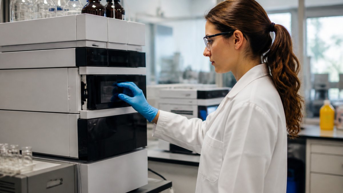 Laboratoriumtechnicus die HPLC-apparatuur bedient met testresultaten zichtbaar op het monitorscherm, moderne laboratoriumomgeving met zuiver licht